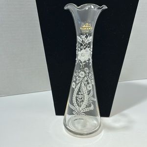 Viking Bud Vase Clear Ruffled Edge White Floral Scroll Design 8” Elegant Viking